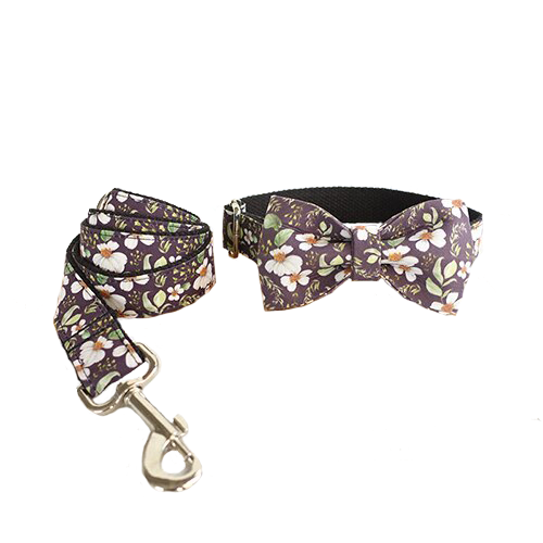 Personalized Midnight Flower Collar, Bow Tie, & Leash Set