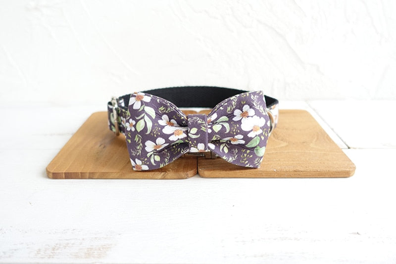Personalized Midnight Flower Collar, Bow Tie, & Leash Set